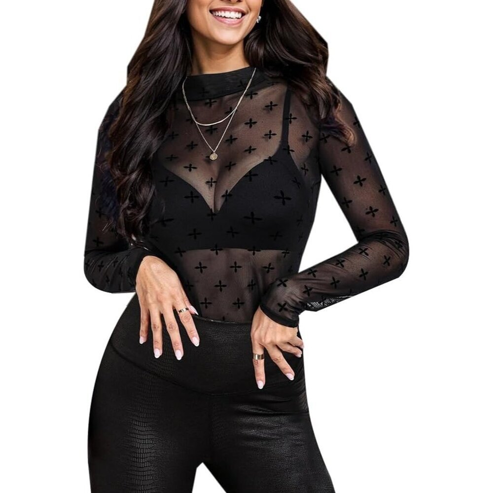Women Pat7 Long Sleeve Mock Neck Fitted Sexy See Through Going Out Mesh Tops